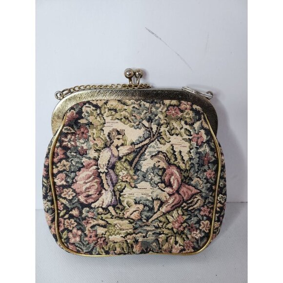 ANTIQUE Petit Point Purse Woven Double Sided Gentry Scenes Tapestry Work Clutch